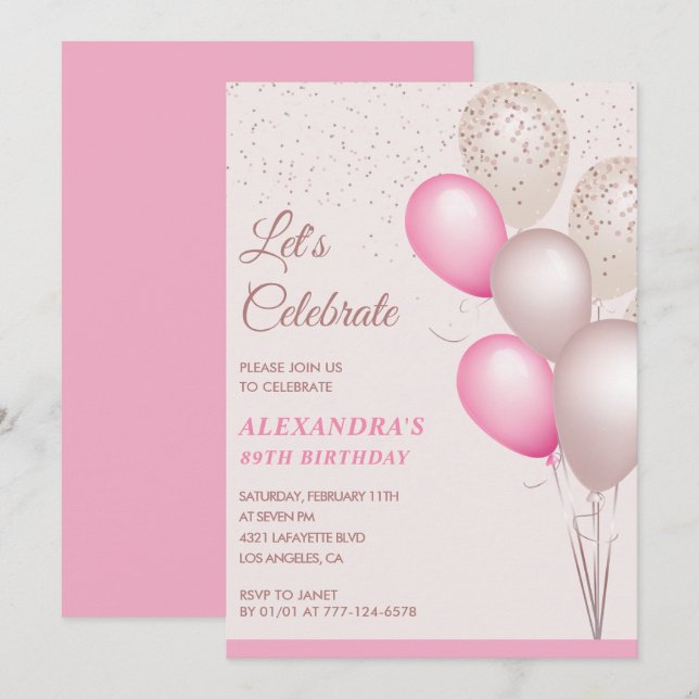 89th birthday invitations Pink Balloons (Front/Back)