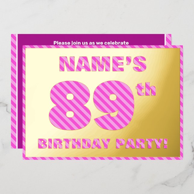 89th Birthday Party — Bold, Fun, Pink Stripes # 89 (Front/Back)