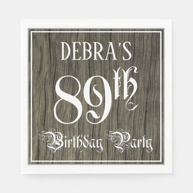 89th Birthday Party — Fancy Script, Faux Wood Look Napkin (Front)