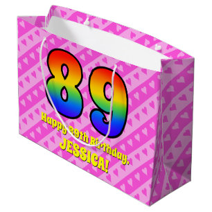 89th Birthday: Pink Stripes & Hearts, Rainbow # 89 Large Gift Bag