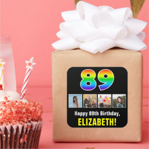 89th Birthday: Rainbow “89”; Custom Photos & Name Square Sticker