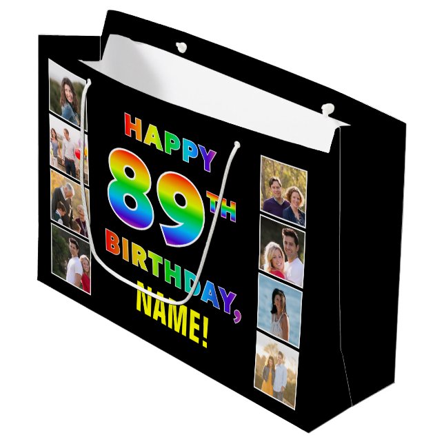 89th Birthday: Rainbow Text, Custom Photos & Name Large Gift Bag (Front Angled)