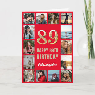 89th Happy Birthday Red and Gold Photo Collage Card