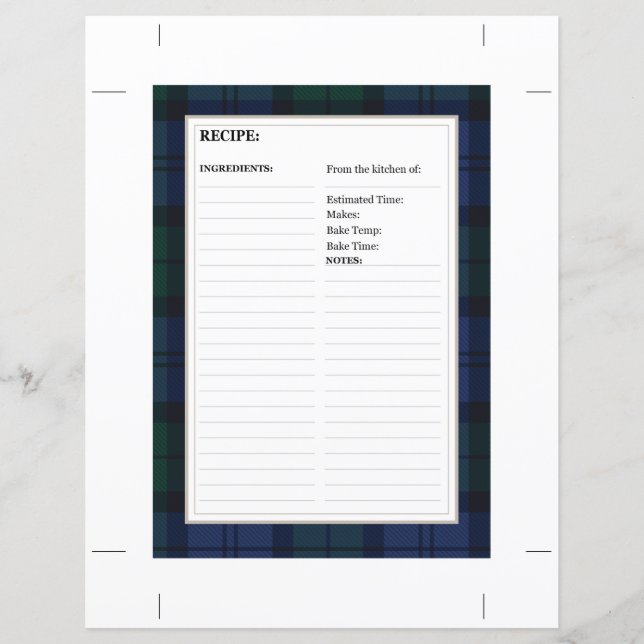 8.5" x 6" Recipe Card - Tartan Dark Watch Pattern (Front)