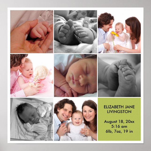 8 baby photo modern collage green white border poster (Front)