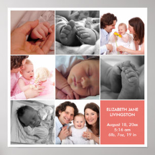 8 baby photo modern collage pink white border poster