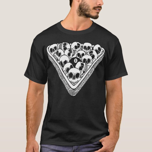 8 Ball Billiards Skull Blackwork Flash T-Shirt (Front)