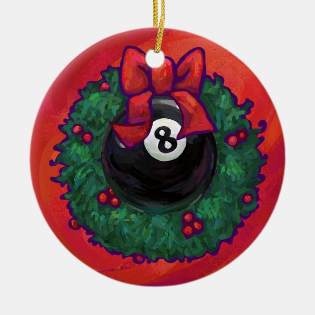 8 Ball Christmas Wheath Red Ceramic Tree Decoration (Front)