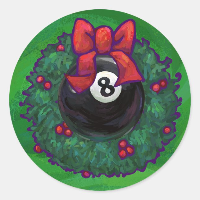 8 Ball Christmas Wreath Green Classic Round Sticker (Front)