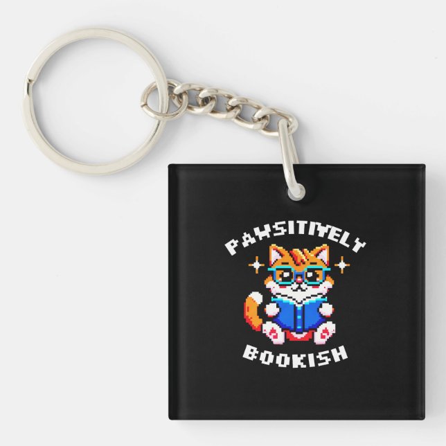 8-Bit Bookish Cat: A Retro Reading Adventure Key Ring (Front)