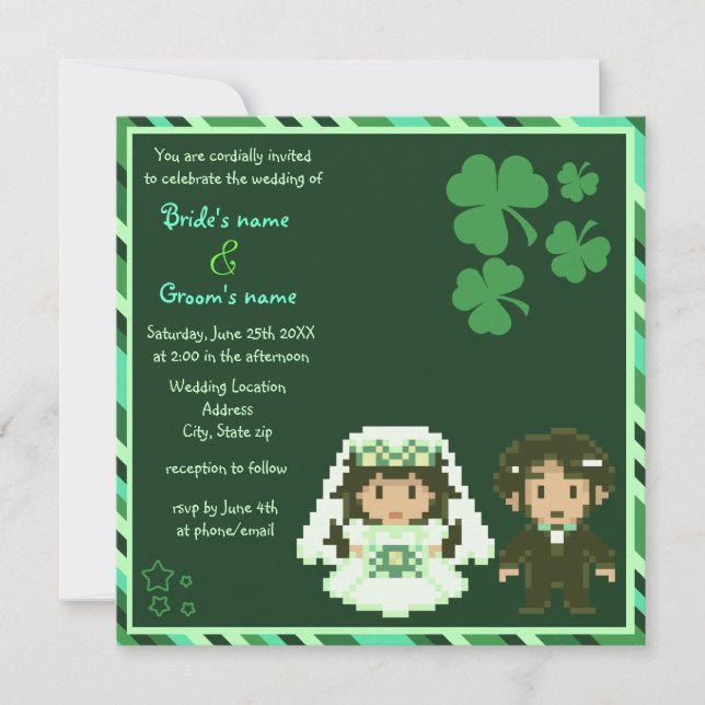 8-bit Bride & Groom - Green Wedding Invitations (Front)