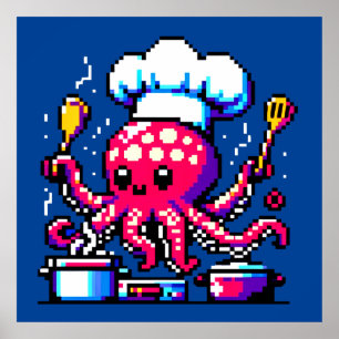 8-Bit Chef Octopus: Retro Kitchen Artistry Poster