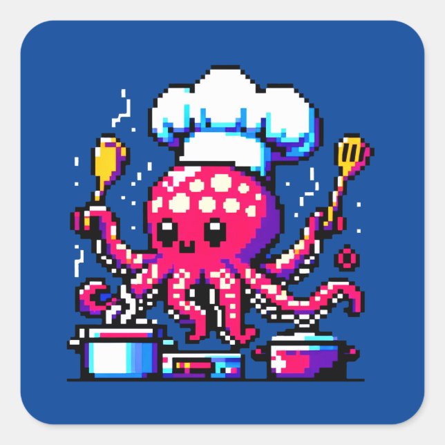 8-Bit Chef Octopus: Retro Kitchen Artistry Square Sticker (Front)