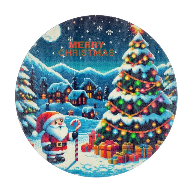 8 bit Christmas tree & Santa Cutting Board (Front)