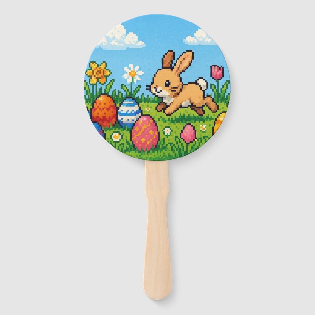 8 bit cute Easter bunny/rabbit Hand Fan (Front)