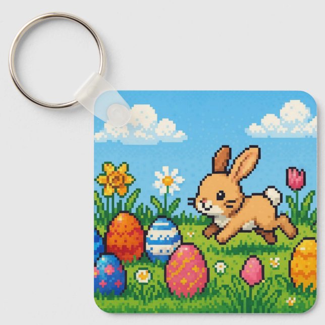 8 bit cute Easter bunny/rabbit Key Ring (Front)