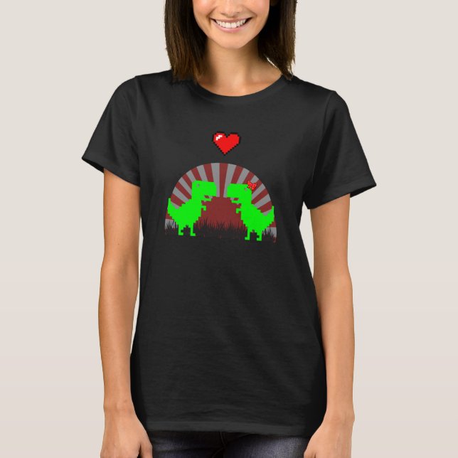 8 Bit Dinosaur Pixel Gaming Couple  1 T-Shirt (Front)
