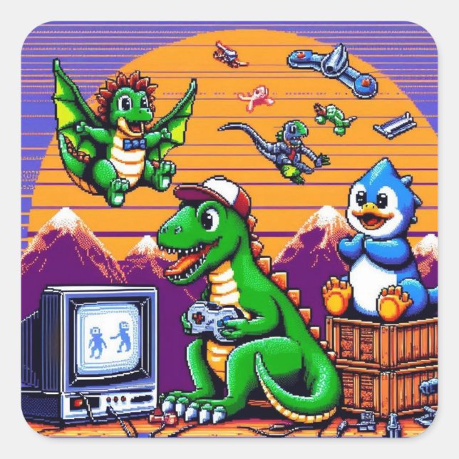 8-Bit Dinosaurs Playing Video Games Square Sticker (Front)