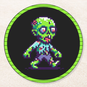 8-bit funny zombie Halloween Round Paper Coaster