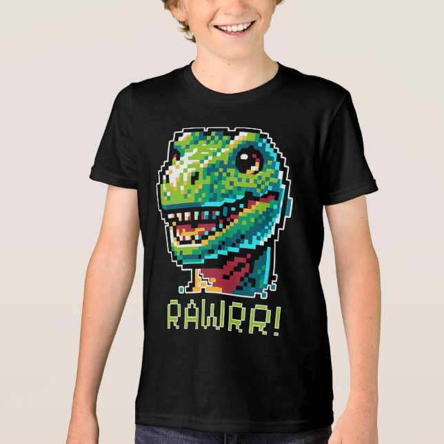 8- Bit Gaming Pixelated Dinosaur Art Paleontology Tri-Blend Shirt (Front)