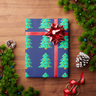 8 bit Green Christmas tree with blue background Wrapping Paper