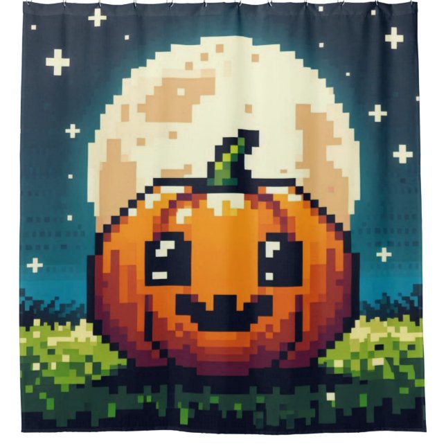 8-bit Halloween pumpkin under the moon Shower Curtain (Front)