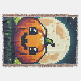 8-bit Halloween pumpkin under the moon Throw Blanket