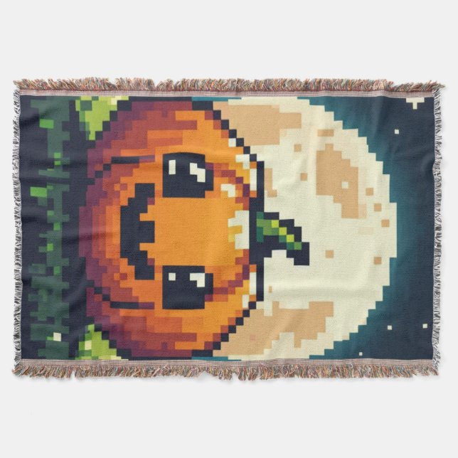 8-bit Halloween pumpkin under the moon Throw Blanket (Front)