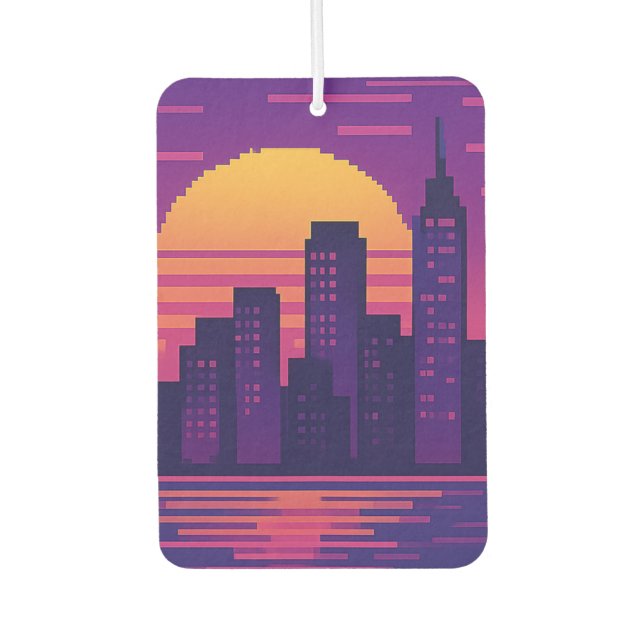 8 bit neon city badge car air freshener (Front)