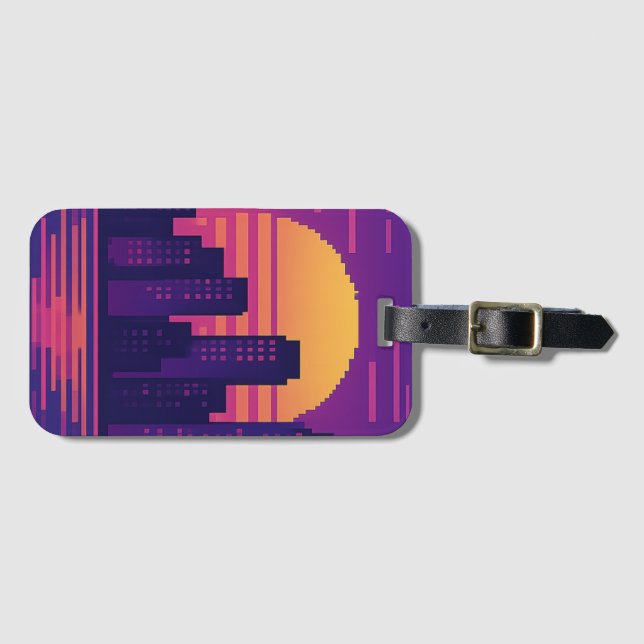 8 bit neon city badge luggage tag (Front Horizontal)