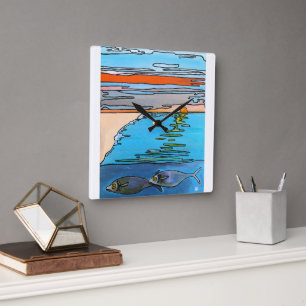 8-Bit Ocean Sunrise Painting by Alfred Fox Square Wall Clock