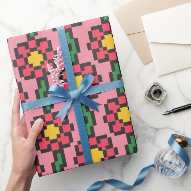 8-Bit Pixel Flower Pattern Wrapping Paper (Gifting)