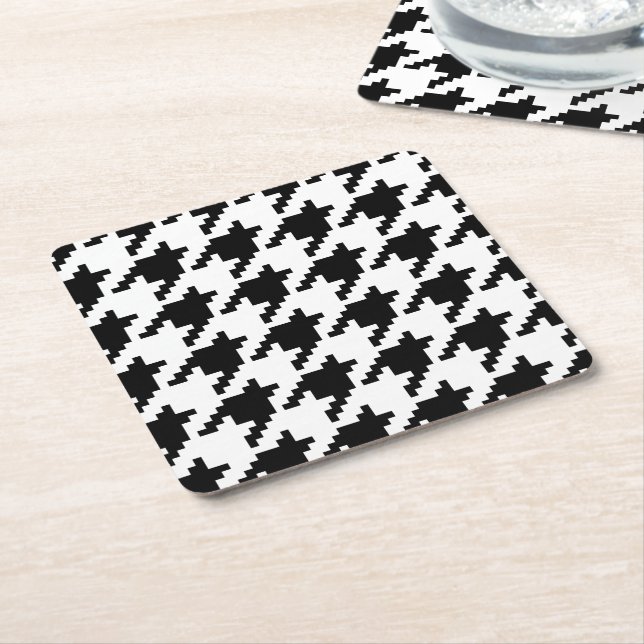 8 Bit Pixel Houndstooth Check Pattern Square Paper Coaster (Angled)