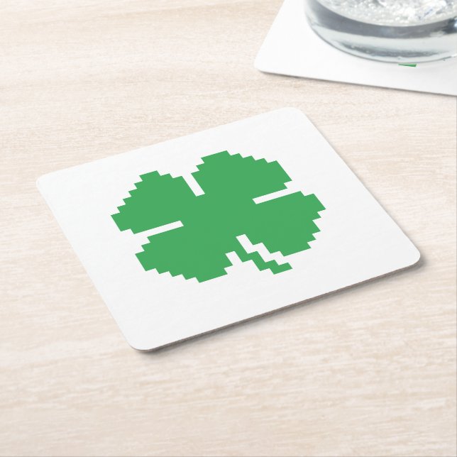8 Bit Pixel Lucky Four Leaf Clover Square Paper Coaster (Angled)