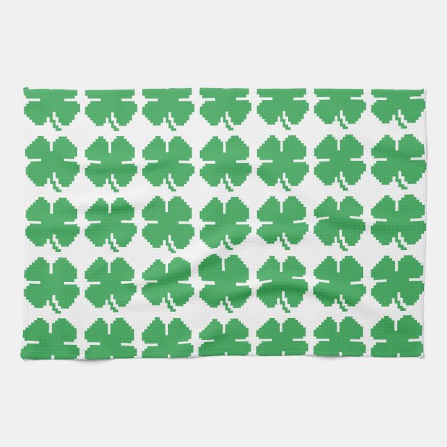 8 Bit Pixel Lucky Four Leaf Clover Tea Towel (Horizontal)