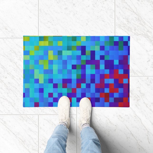 8-bit Pixel Pattern Vibrant Bright Geeky Blue Red Doormat (Indoor)