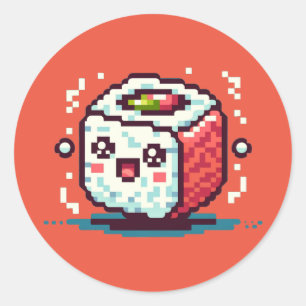 8-Bit Pixel Sushi Roll with Happy Face Classic Round Sticker