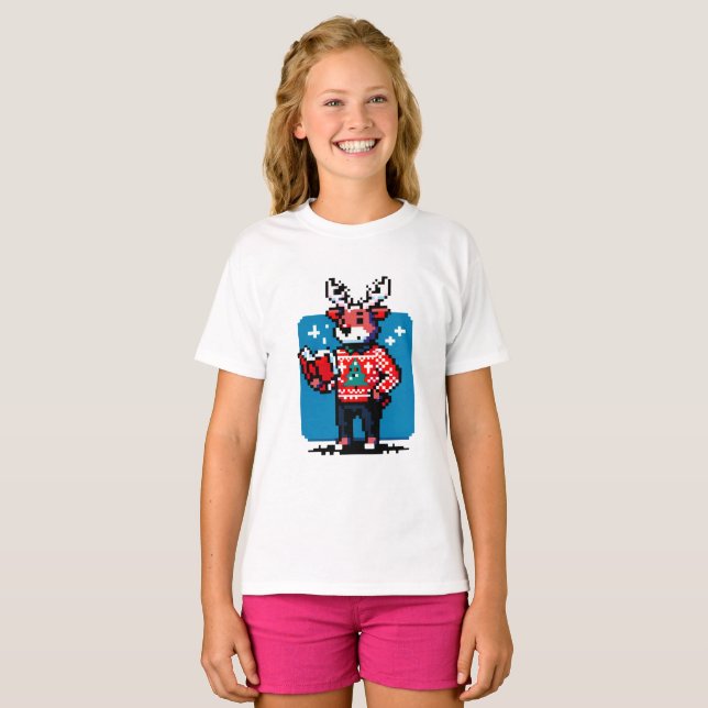 8-Bit Reindeer Reader: Christmas Joy T-Shirt (Front Full)
