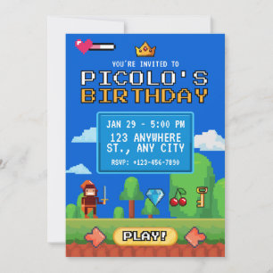 8-Bit Retro Video Game Pixel Art Gamer Birthday Invitation