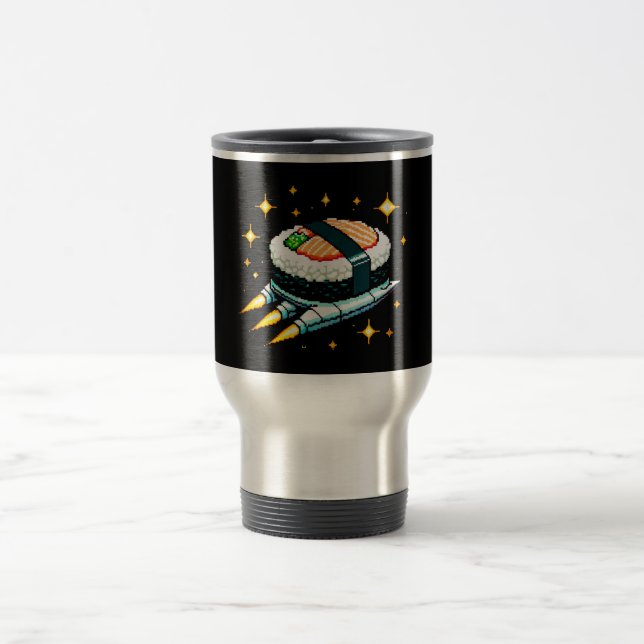 8-Bit Space Sushi Adventure - Cosmic Cuisine Art Travel Mug (Center)