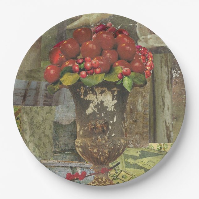 8 Dinner-size Paper Plates with Apple Topiary (Front)