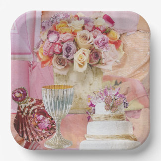 8 Dinner-size Paper Plates with cake, goblet, rose