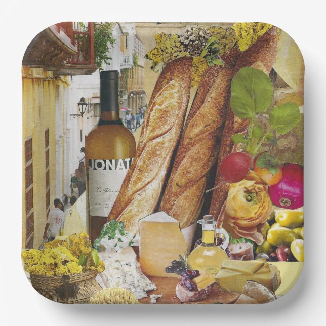 8 Dinner-size Paper Plates with Wine and Cheese (Front)