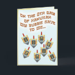 8 dreidels holiday card<br><div class="desc">Wait a minute here...  I don't remember dreidels in the Twelve Days of Christmas!

 Well maybe there should be. This is a funny card that's great for blended faith families. Happy Hanukkah!</div>