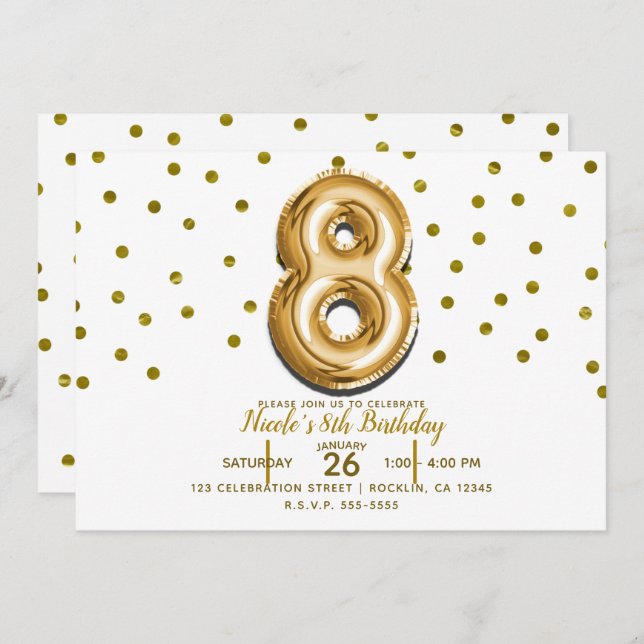 8 Eight Gold Balloon Confetti 8th Birthday Party Invitation (Front/Back)