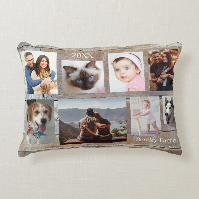 8 Family Photos, Wood Grain, DIY Name & Year Decorative Cushion (Front)