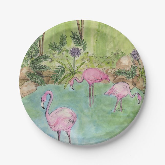 8 Paper Plates - Watercolor Flamingos (Front)