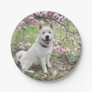 8 Paper Plates White Akita & Magnolia Blooms