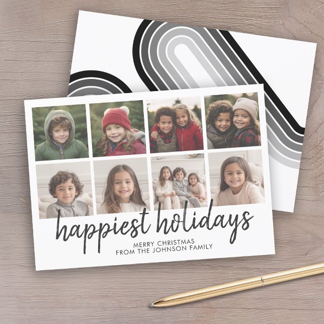 8 Photo Black White Minimal Christmas Retro Lines Holiday Card (A modern, minimal photo card design with 8 photos on the front and a retro stripe pattern on back.)