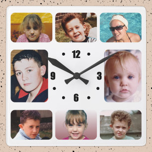 8 photo black white square wall clock